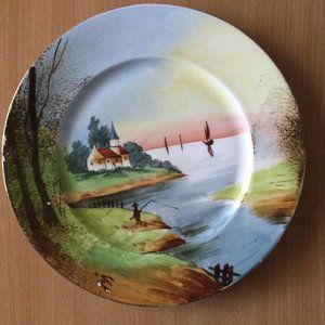 Vintage hand painted Vignaud Limoges France plate landscape man fishing rare